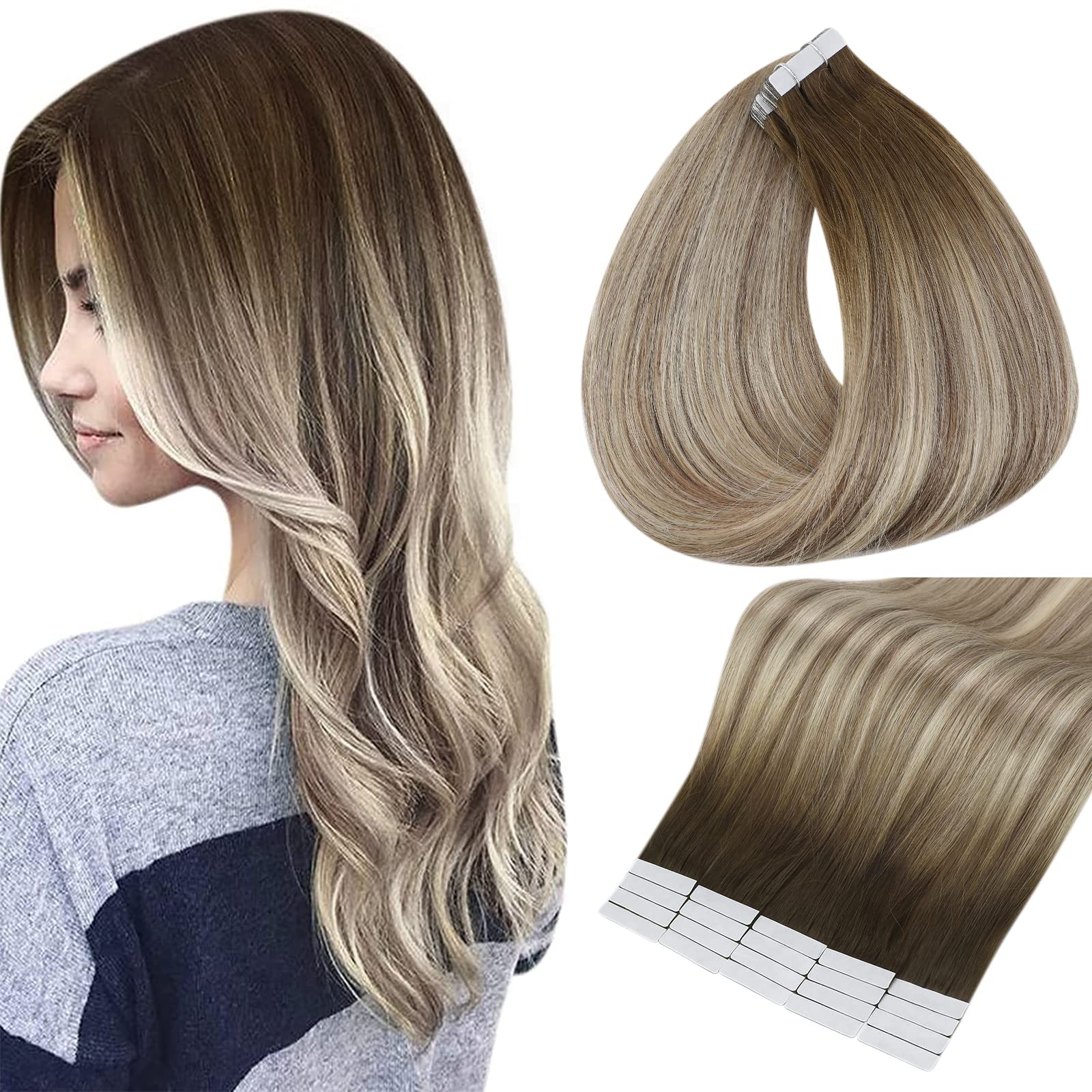 Amazon.com : Full Shine Tape in Hair Extensions Human Hair 18 Inch Hair  Extensions Tape in Color Dark Brown 3 Fading to 8 and 22 Tape in Blonde Hair  Extensions 20 Pieces