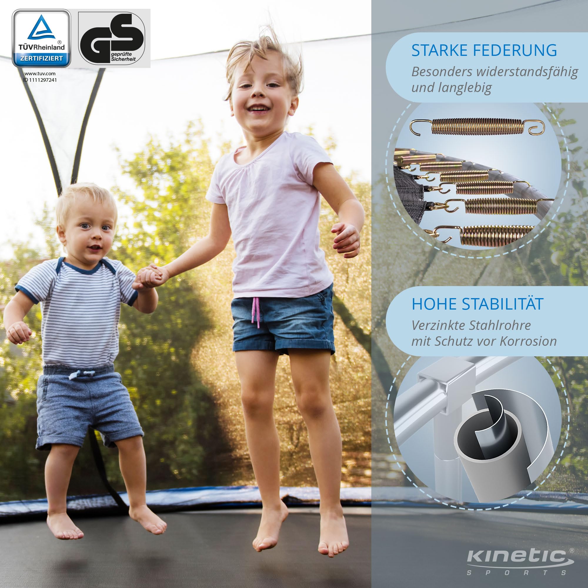KINETIC SPORTS Trampolin Outdoor 'Salto Plus' Ø 183/244/305/366/400/430/490 cm - Komplett-Set für Kinder, USA Sprungtuch, Netz, Randpolster, Leiter