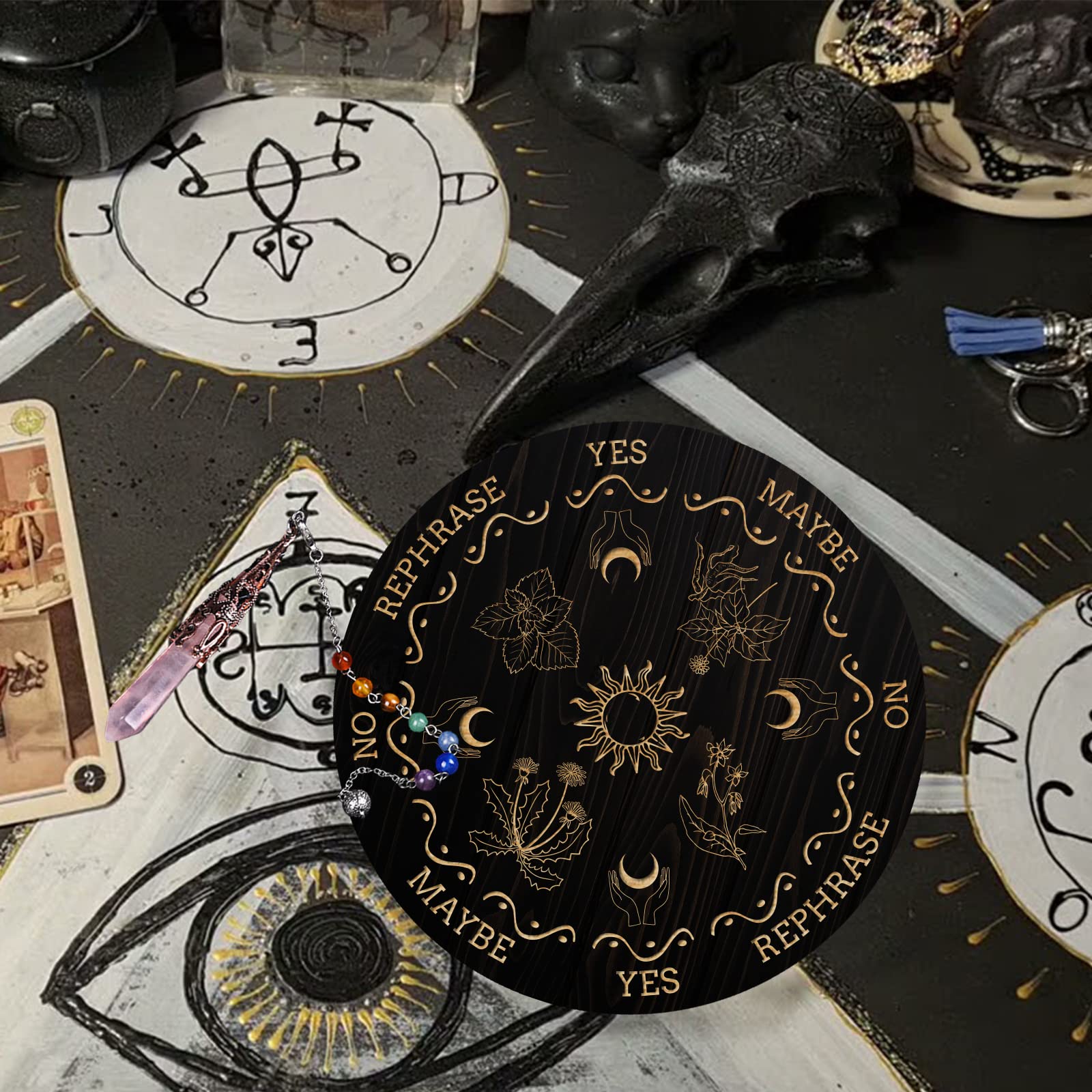 ANAHDMAKER 7.8" Tavola Del Pendolo Della Strega, Planchette per Rabdomanzia In Legno con Pendoli Rabdomanzia In Cristallo di Quarzo Rosa Strumenti di Divinazione - Piante A Mano Sole Luna