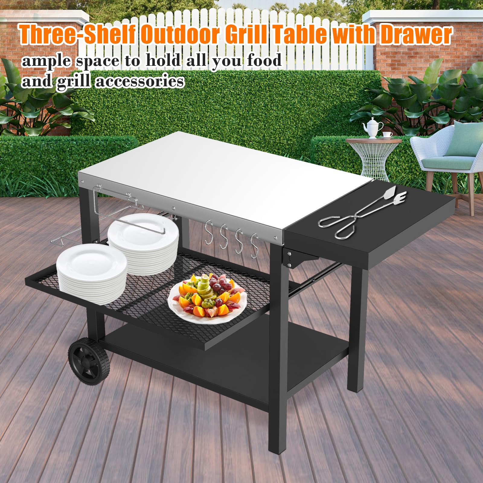 GFTIME Mesa de barbacoa de acero inoxidable con 3 niveles, soporte para horno de pizza, mesa de barbacoa para exteriores, carrito de trabajo con 4 ganchos, carrito de servicio al aire libre, mesa