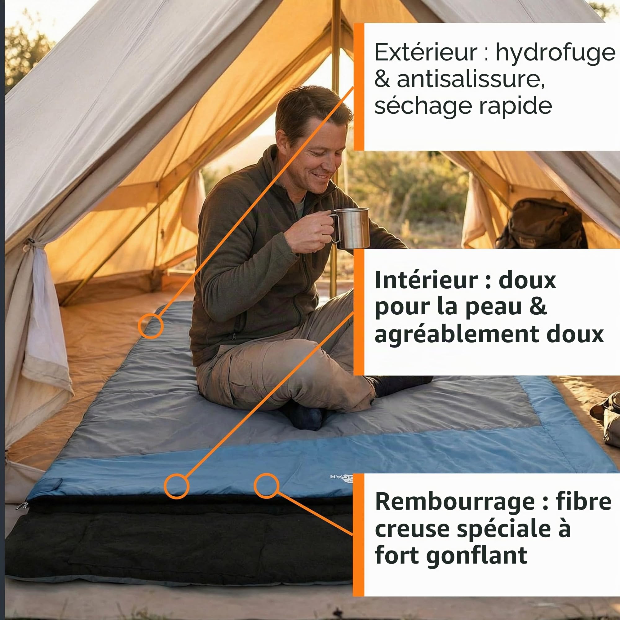 your GEAR Sumatra Duo Sac de couchage double pour 2 personnes avec 100 % flanelle de coton - Sac de couchage XXL divisible en 2 sacs de couchage simples - 3 saisons - Confort +10 °C/extrême -7 °C