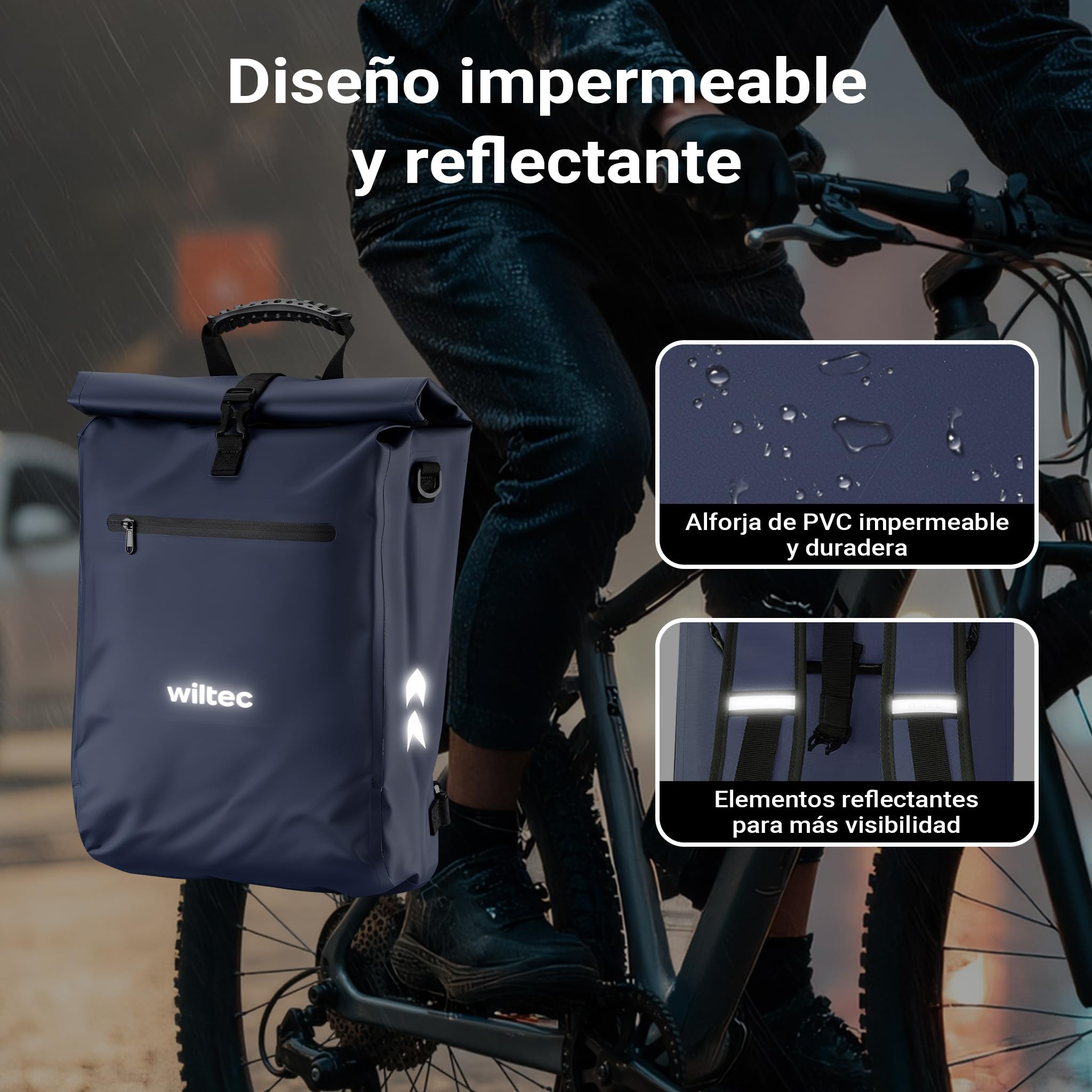 WilTec Bolsa para Bicicleta 3 en 1 de 25 L Azul Resistente al Agua con Compartimento para portátil Multifuncional de fácil instalación en portabultos Trasero de Bicicletas Tradicionales o eléctricas