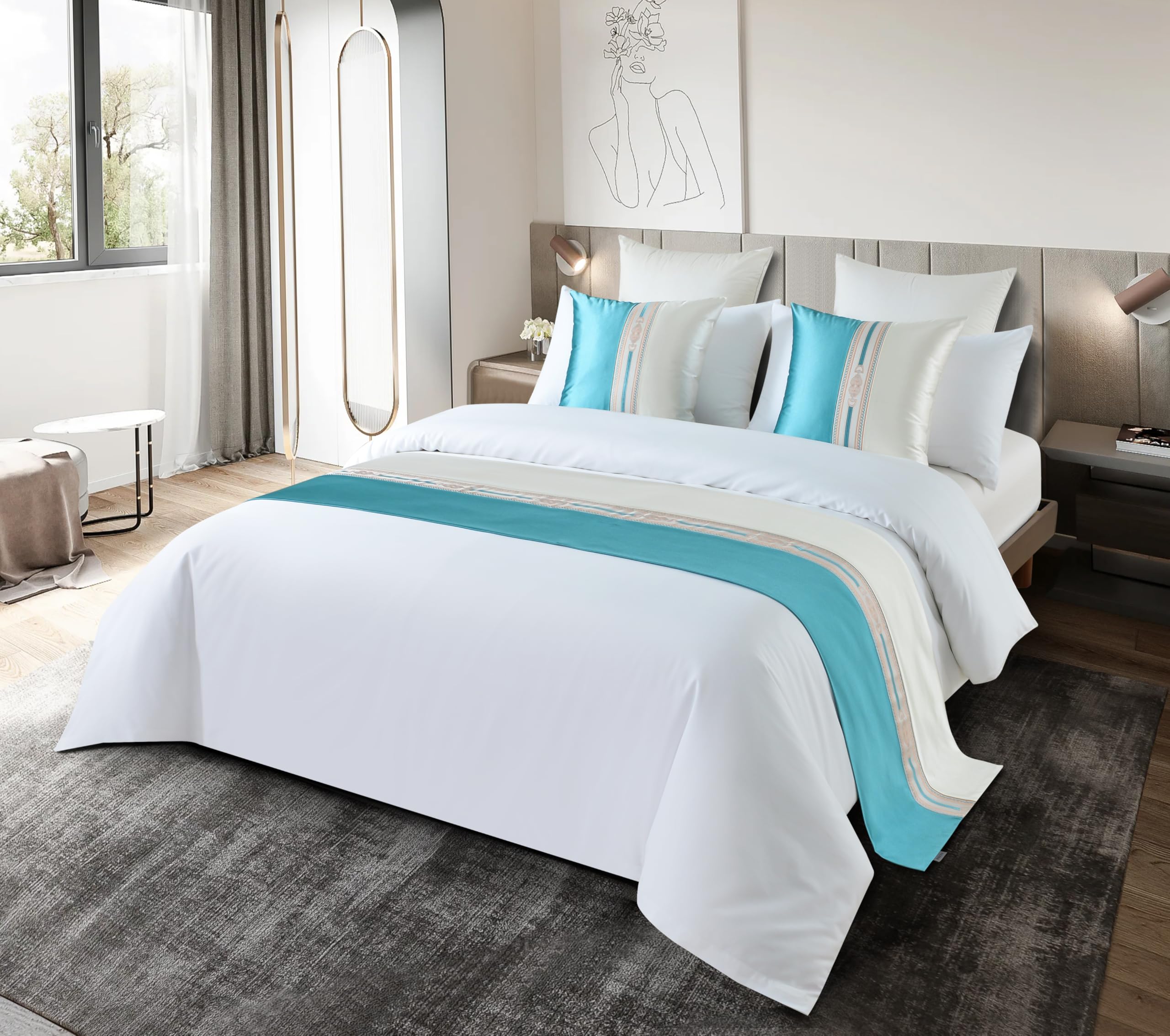 Guest Ruyunlai Bed Runner light blue 180 x 50cm for 1.2m Bed 1pc - Matching Cushion Covers Sold Separately - Hotel Grade no Fading Soft Scarf - Bedroom Guesthouse Bedding Protection