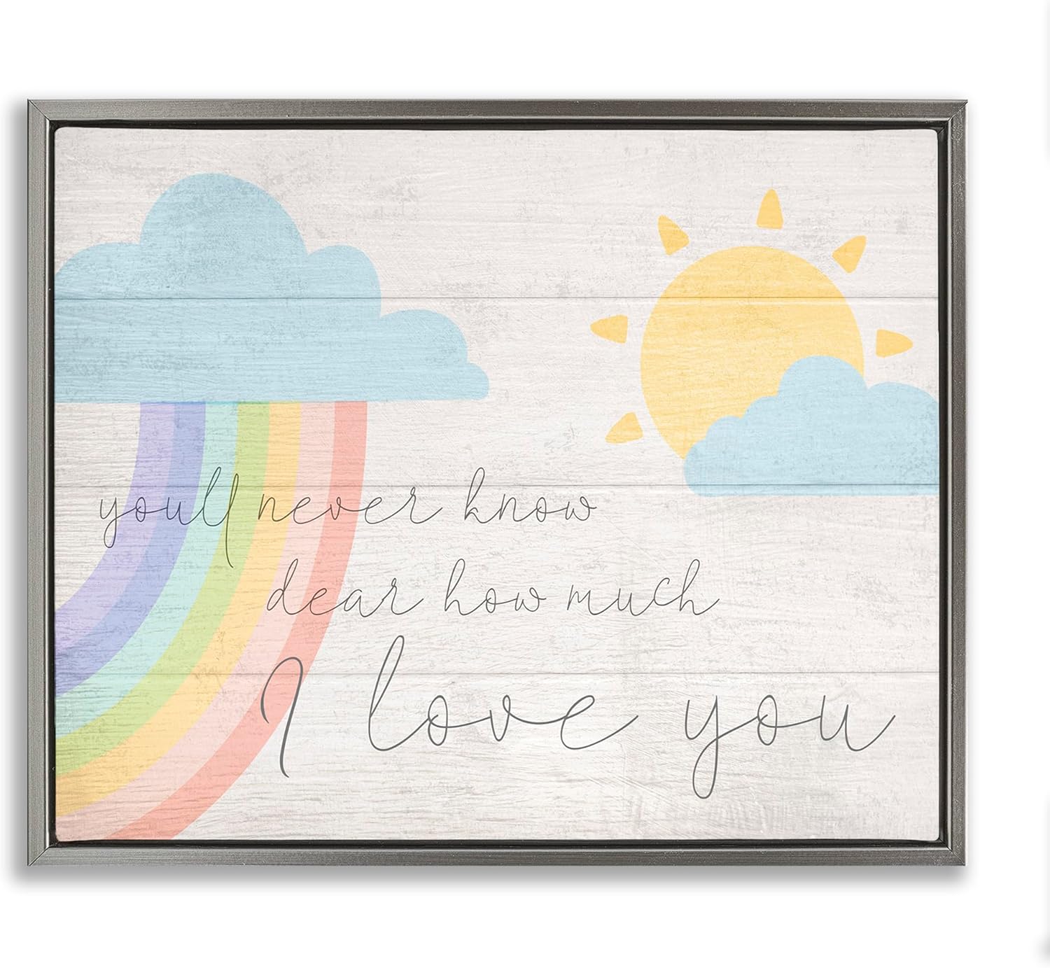 Stupell Industries How Much I Love You Rainbow Clouds and Sun on Planks, Design by Daphne Polselli, Grey Floater Framed, 16 x 20
