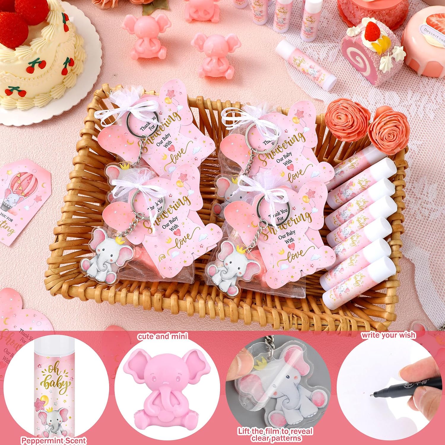 288 Pcs Baby Shower Favors Bulk Lip Balm Soap Keychains Organza Bags Baby Shower Gifts Kit for Guest Gender Reveal Party Favors with Thank You Tags & Cards(Pink,Elephant)