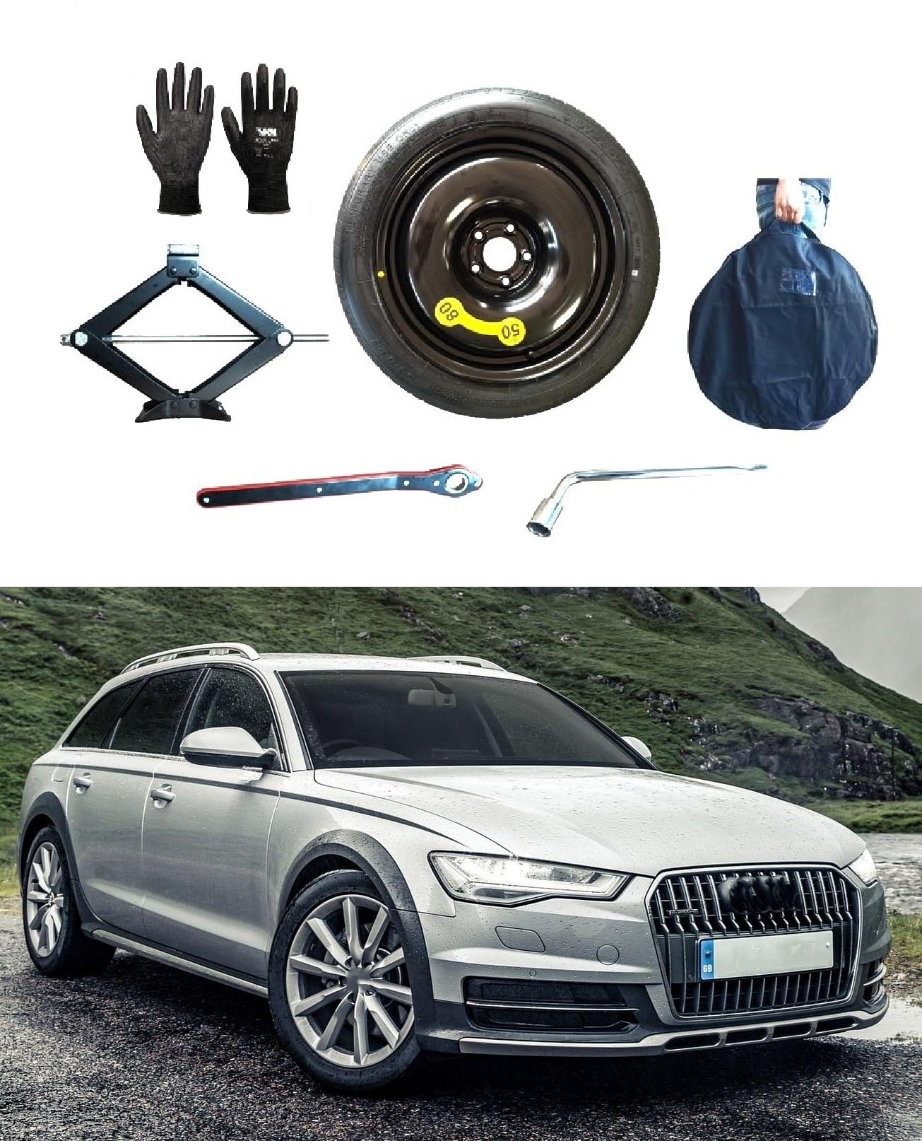 D'ANGELO 1988 Kit Ruotino di Scorta 20" compatibile con @ u d i A6 A7 A8 con Cric, Chiave, Guanti e Sacca 145/60R20