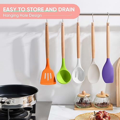 Miniatura 6 de Herogo Juego de utensilios de cocina de 5 piezas, juego de utensilios de cocina de silicona con mango de madera, herramientas de cocina resistentes