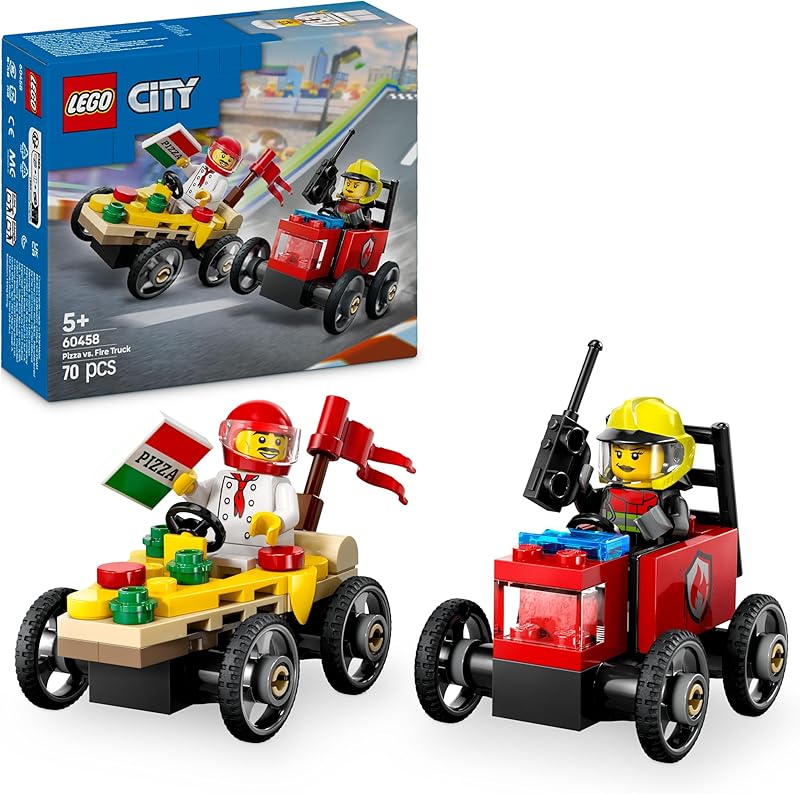 LEGO City Pack de bolides de Course : Camion de Pizza Contre Camion de Pompiers - Jeu de Construction pour garçons et Filles dès 5 Ans avec Voitures caisses à Savon - Cadeau d'anniversaire 60458