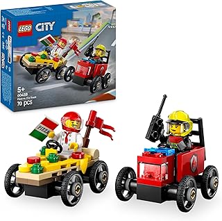 LEGO City Pack de Coches de Carreras: Pizza vs. Camión de Bomberos de Juguete, Autos Locos de Carreras con Minifigura de Chef y Bombera, Regalo para Niños y Niñas de 5 Años o Más 60458