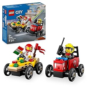 LEGO City Pack de Coches de Carreras: Pizza vs. Camión de Bomberos de Juguete, Autos Locos de Carreras con Minifigura de Chef y Bombera, Regalo para Niños y Niñas de 5 Años o Más 60458