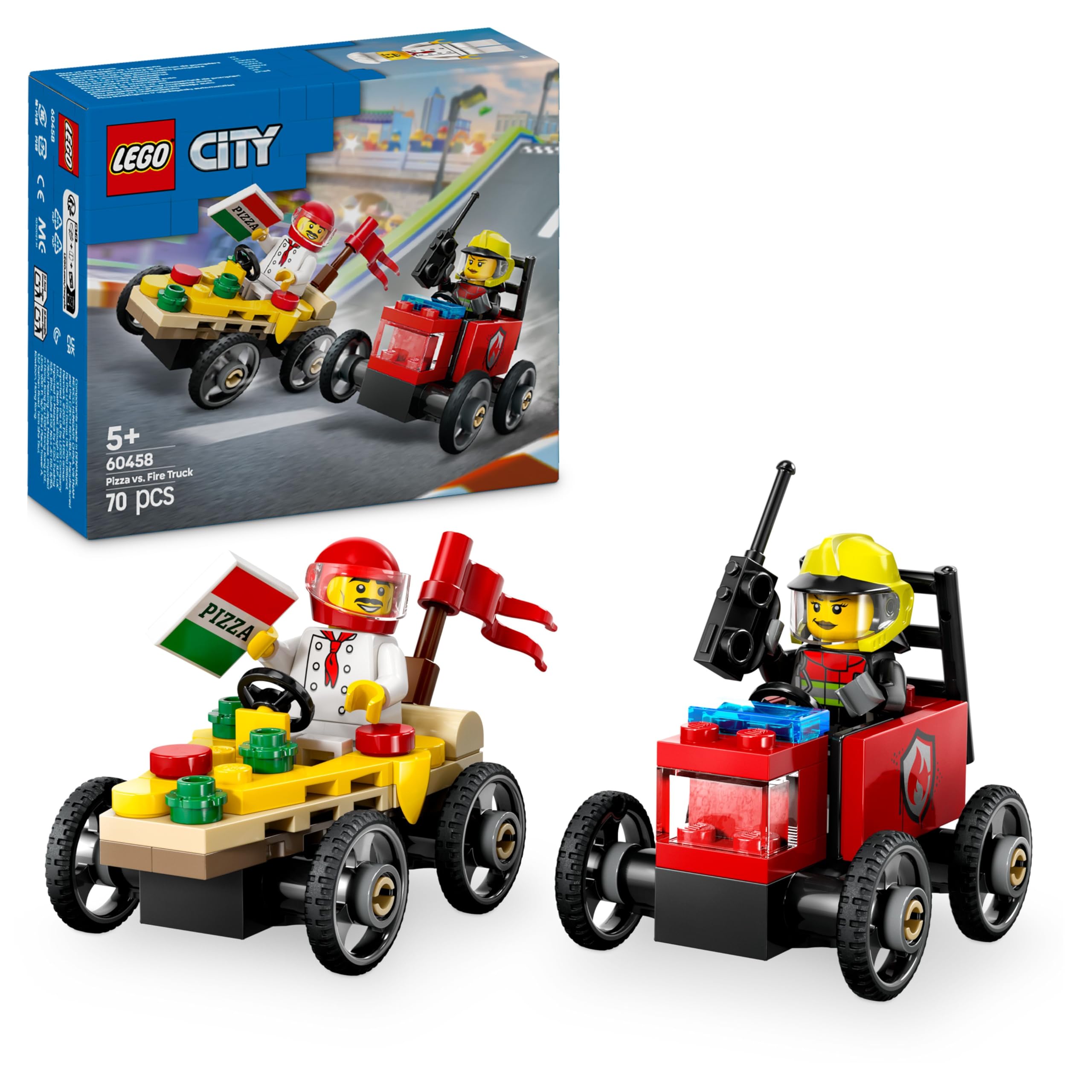 LEGO City Pizzalieferwagen vs. Löschauto - Seifenkisten Spielzeug für Mädchen und Jungen ab 5 Jahren - Bauset mit 2 Fahrer Minifiguren - Geschenk zum Geburtstag & für die Feiertage 60458