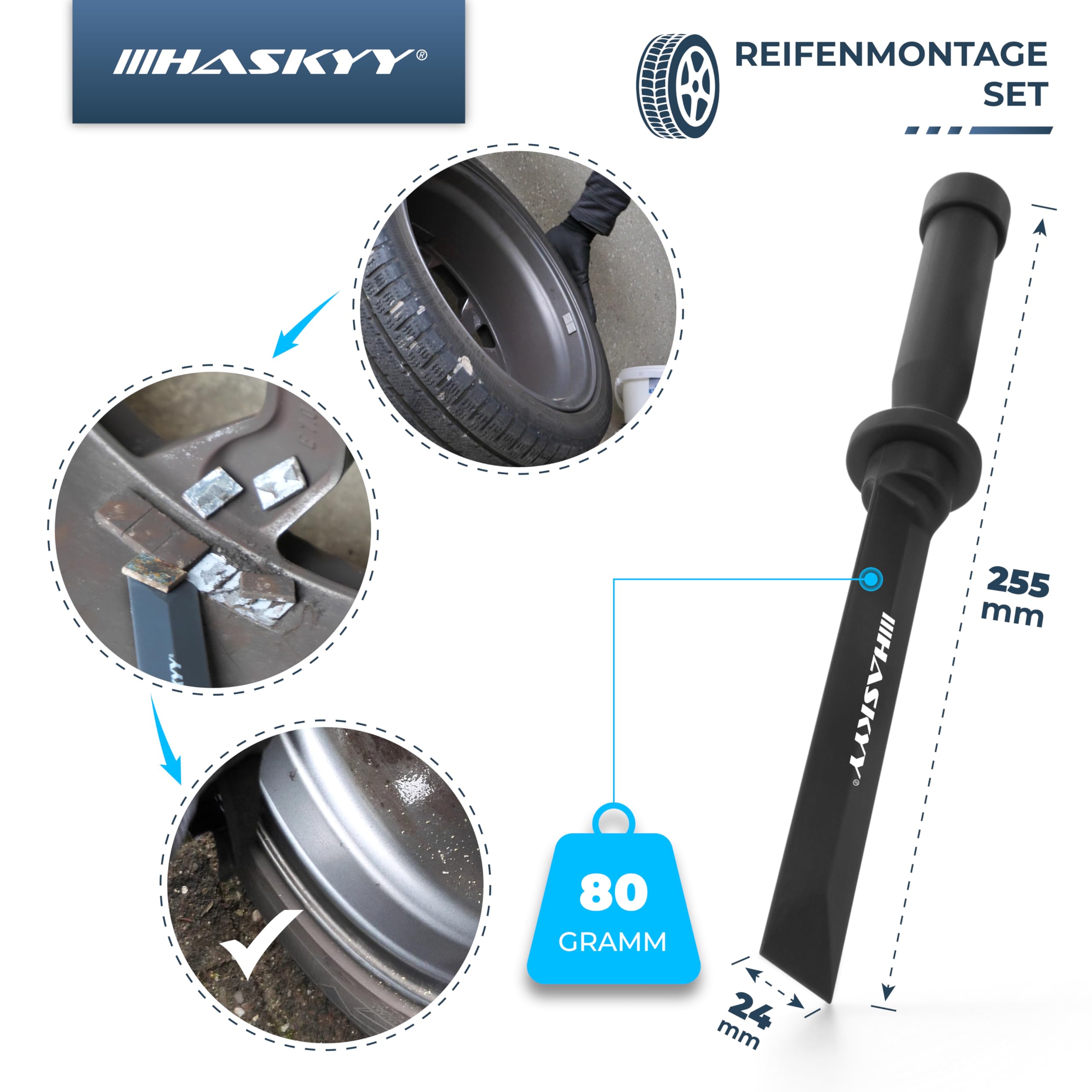 HASKYY Kit d’Outils et Accessoires pour Montage de Pneu (masselotte, grattoir, décapant, démonte-obus, Tire-Valve, Pince pour Masses), Bleu