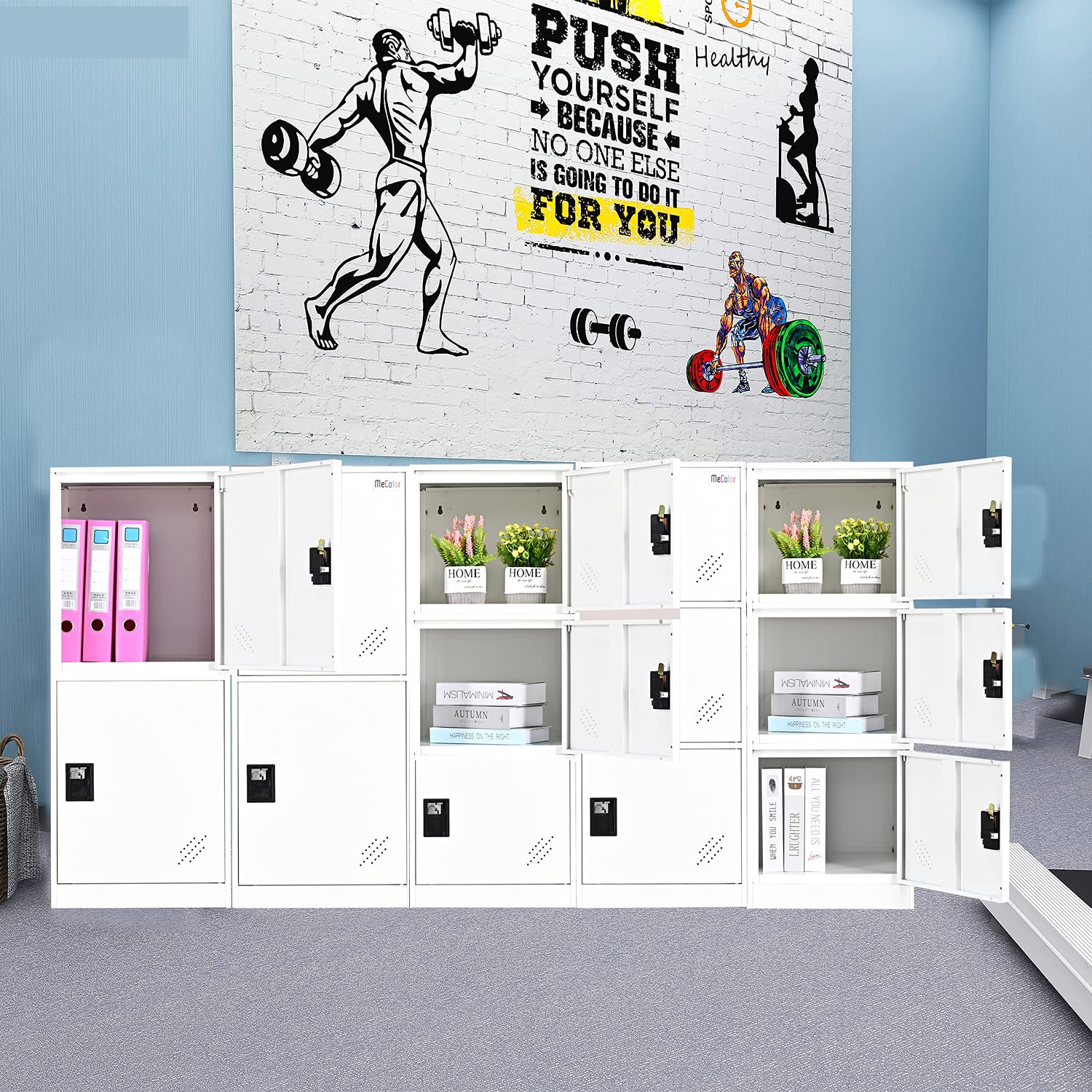 MECOLOR Armadietto verticale piccolo a piano con lucchetto, porta in plastica, 2 o 3 scomparti, per dipendenti, famiglie, uffici, scuole e supermercati (FWH, P2V)