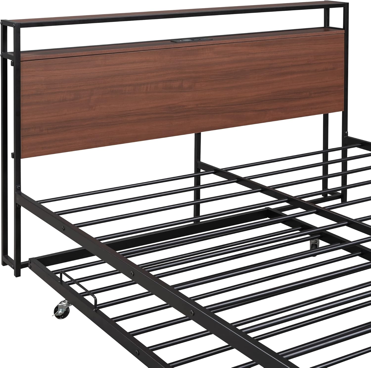 Polibi Queen Size Platform Bed with Trundle, Metal and Wood Bed Frame with Headoard, Footboard, USB Charging Ports, Slat Support Spring Box No Required, Black + Walnut