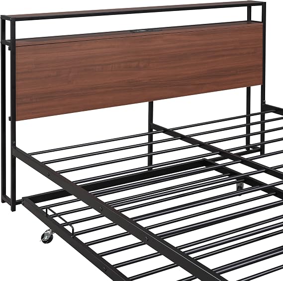 Queen Size Platform Bed with Trundle, Metal and Wood Bed Frame with Headoard, Footboard, USB Charging Ports, Slat Support Spring Box No Required (Black)
