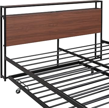 Queen Size Platform Bed with Trundle, Metal and Wood Bed Frame with Headoard, Footboard, USB Charging Ports, Slat Support Spring Box No Required (Black)