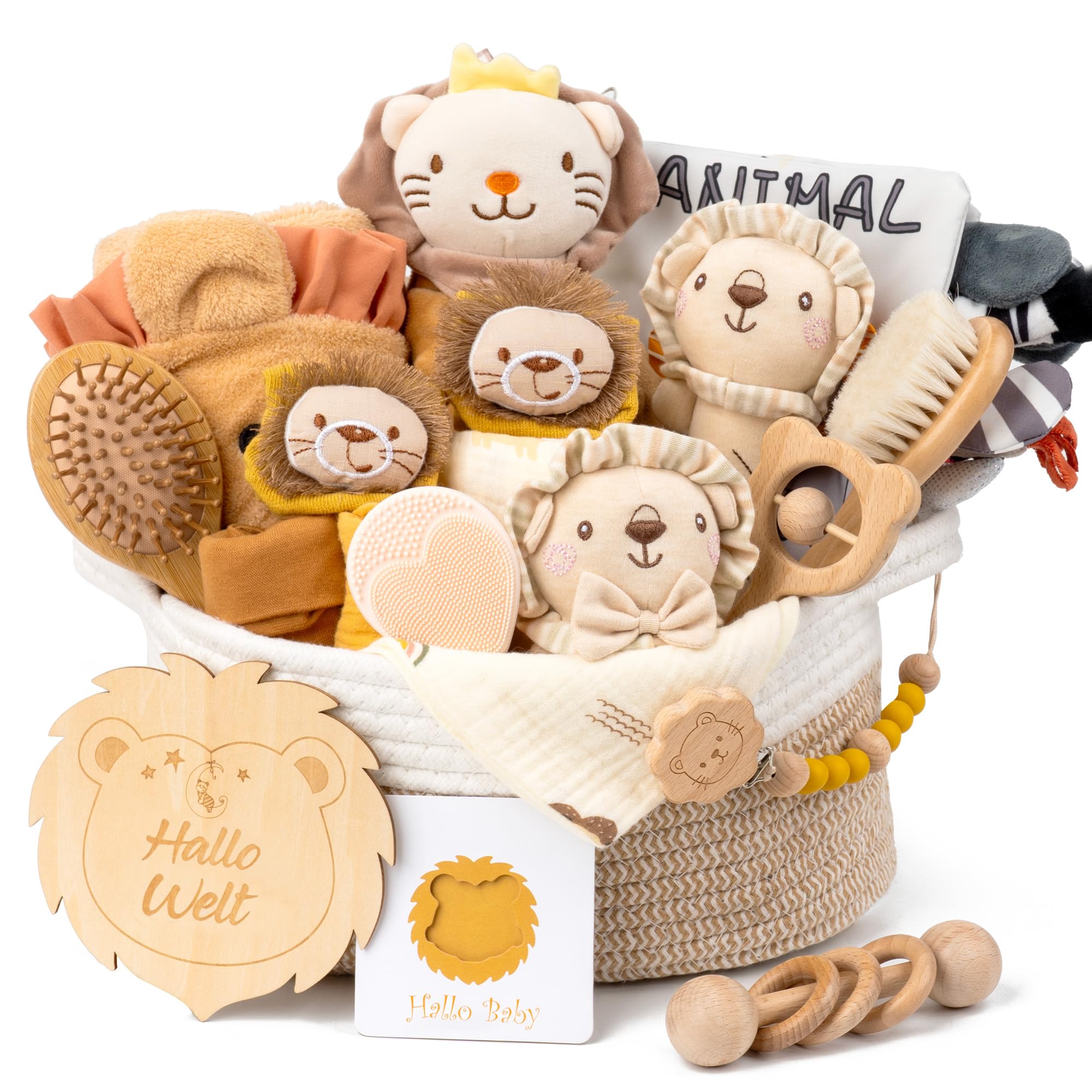 Geschenk zur Geburt Junge, Baby Shower Geschenk mit Baby Kuscheldecke | Neugeborenen Geschenk mit Baby Kuscheldecke, Mütze, Holzrassel, Stoffbuch und Schnullerketten.