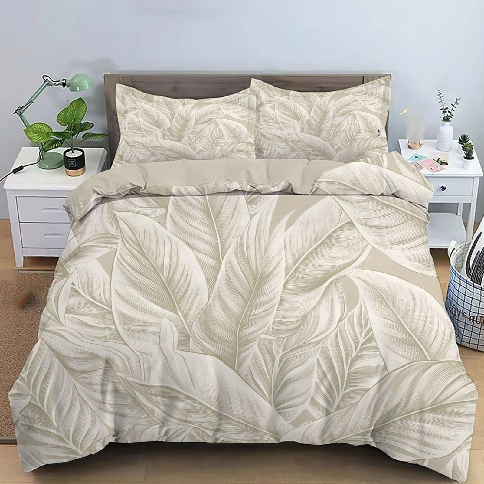 Housse de couette 260x240 feuilles géométriques gris vert avec taies d'oreiller