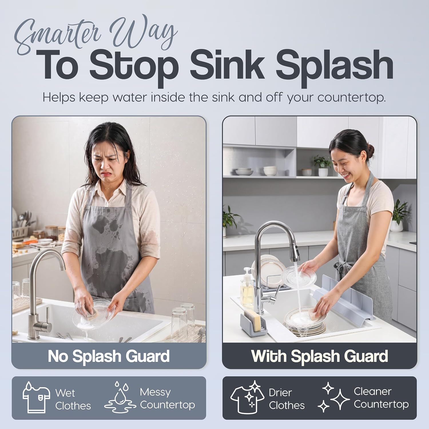 MessOut 18” Kitchen Sink Splash Guard, Premium Silicone Splash Guard with Super Strong Suction, Self-Draining Sink Water Splash Guard for Kitchen & Bathroom, Flexible Splash Protector, Bright Gray image 2