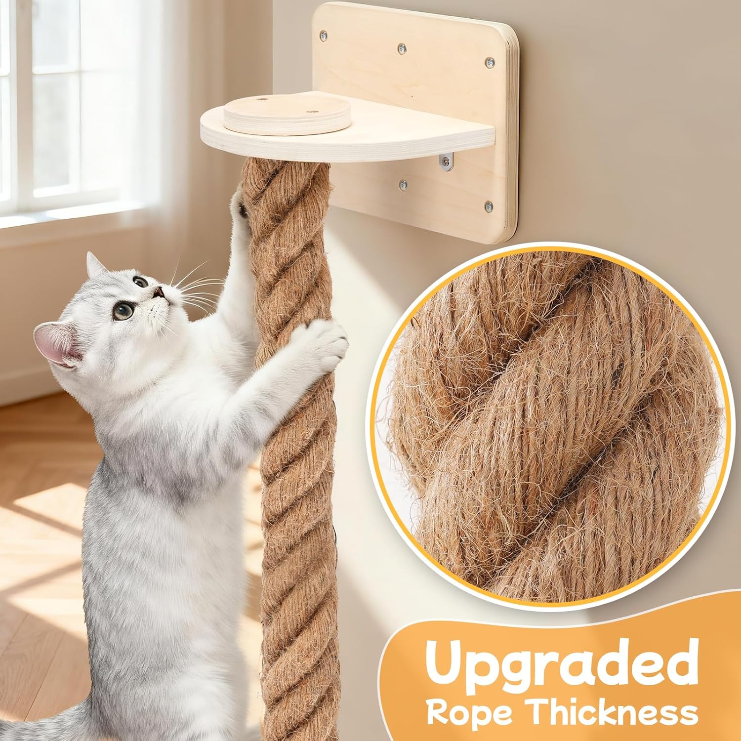 Uross 2.2" x 6.49Ft Cat Climbing Rope Wall Mounted with Jumping Platform Thick Natural Jute Rope Ladder & Scratching Post, Heavy Duty Cat Wall Furniture for Indoor Cats, Kittens & Large Cats