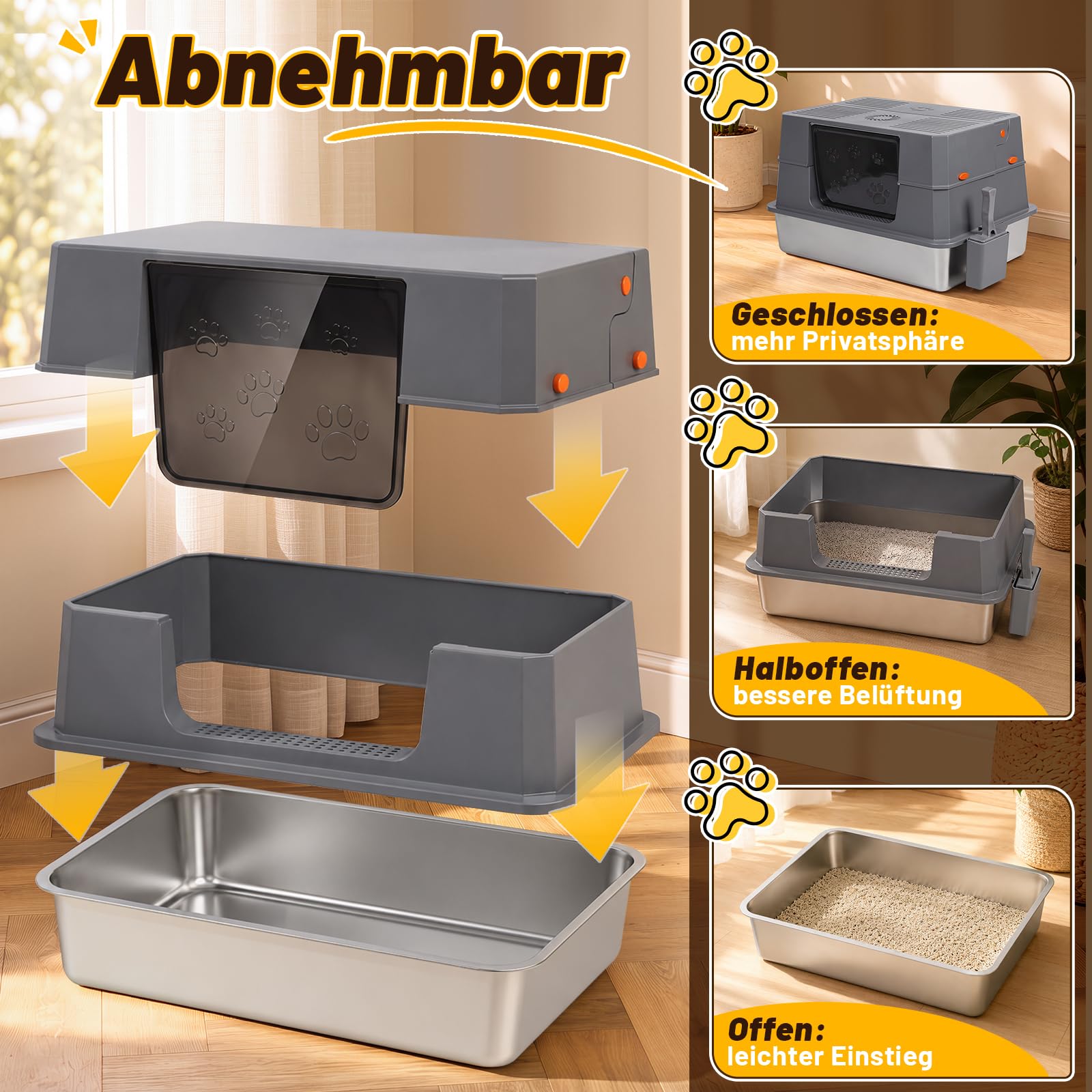 XXXL Edelstahl Katzentoilette mit Klapphaube,72.8 x 51 x 43 cm