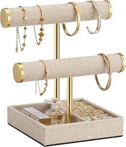Lolalet 2-Tier Bracelet Holder Organizer, PU Jewelry Display Stand -Linen