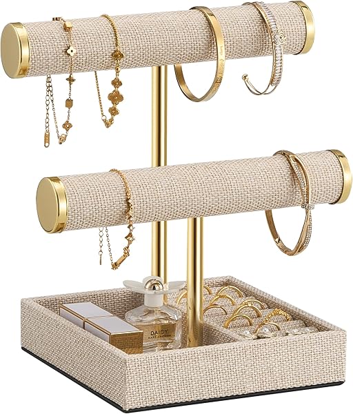 Lolalet 2-Tier Bracelet Holder Organizer, PU Jewelry Display Stand -Linen
