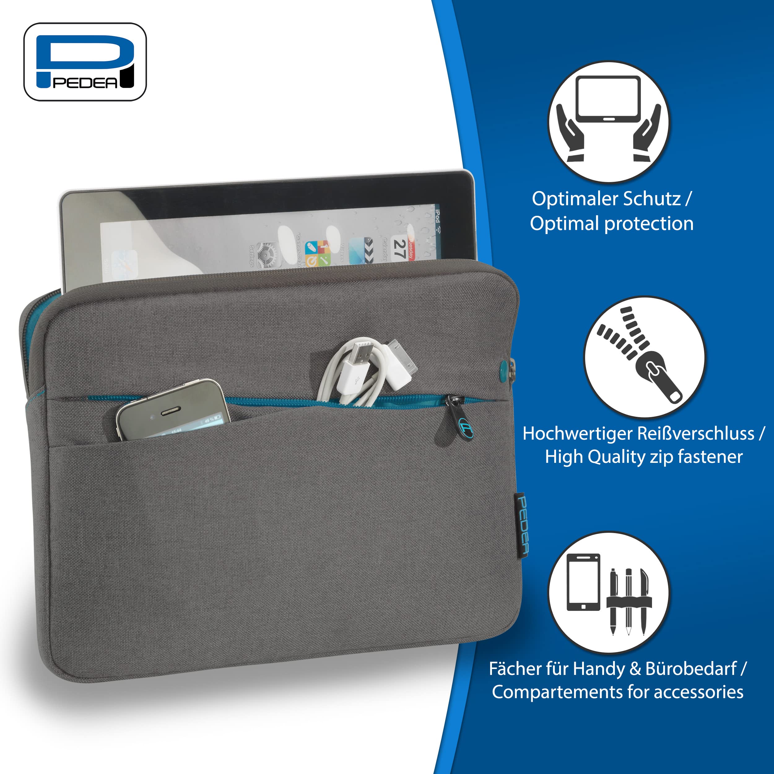 PEDEA Borsa per Tablet PC Fashion da 10,1-11 pollici (25,6-27,96 cm) custodia di protezione, astuccio con tasca per accessori, grigio