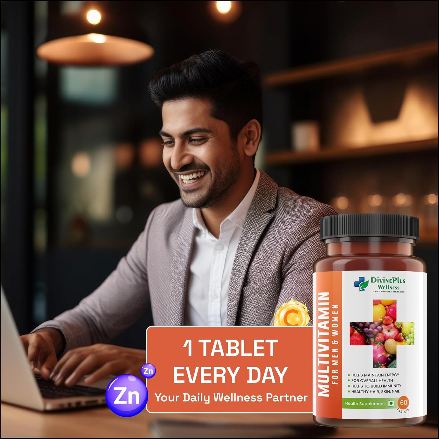 Divine Plus Wellness Multivitamin Tea Abbals || Increases stamina, immunity health || For energy, joints, skin and hair (60 tabs, (pack of 1)) Divine Plus Wellness Multivitamin Tea Abbals || Increases stamina, immunity health || For energy, joints, skin and hair (60 tabs, (pack of 1))