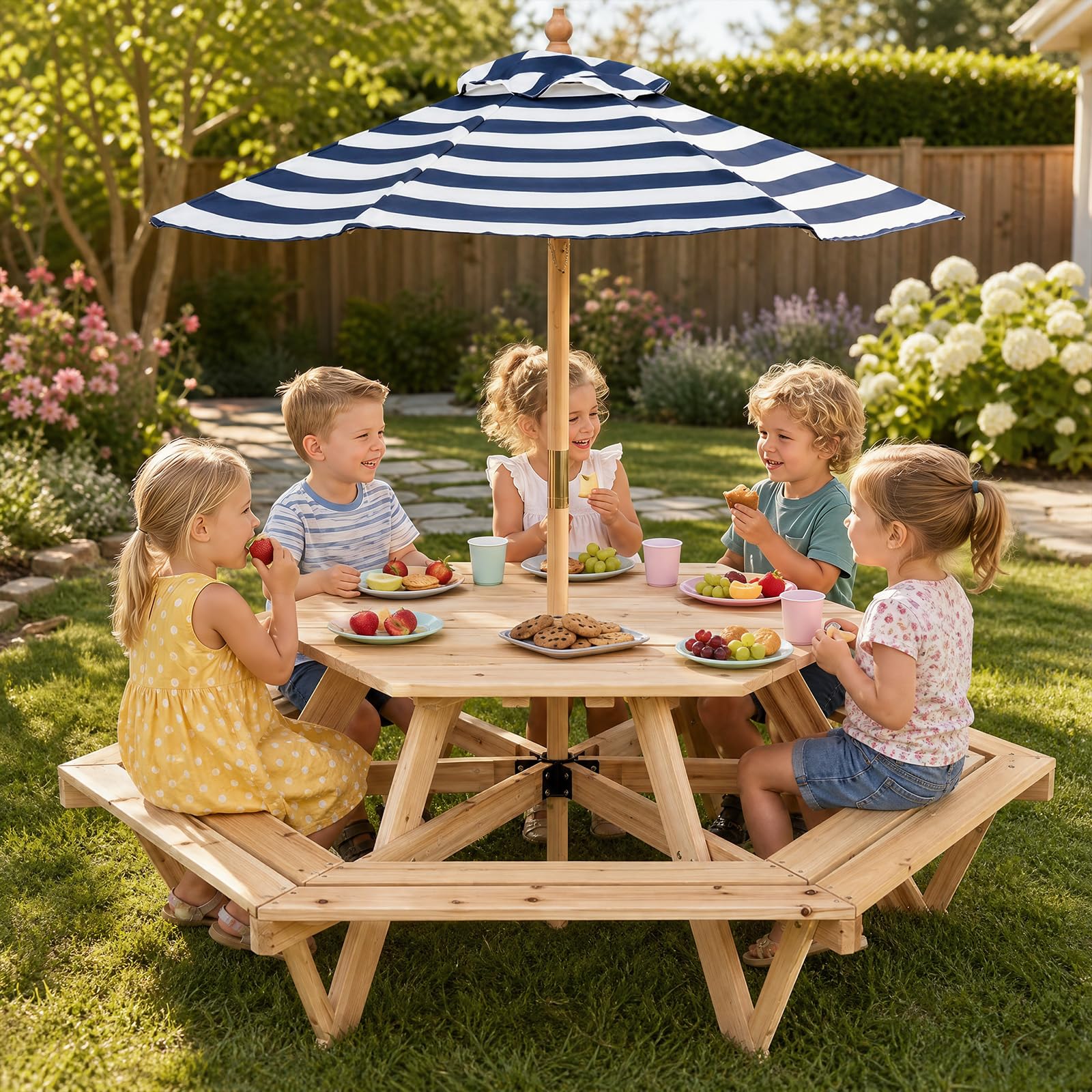GOPLUS Table Pique Nique Enfant Bois 6 Bancs avec Parasol Amovible Réglable