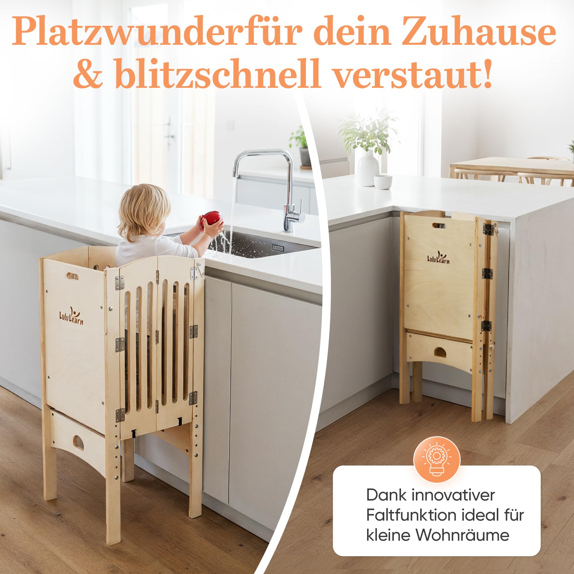 Lernturm ab 1 Jahr [FALTBAR] – Montessori Learning Tower, vormontiert, höhenverstellbar & extra sicher | Platzsparender Tritthocker für Küche & Alltag (Natural)
