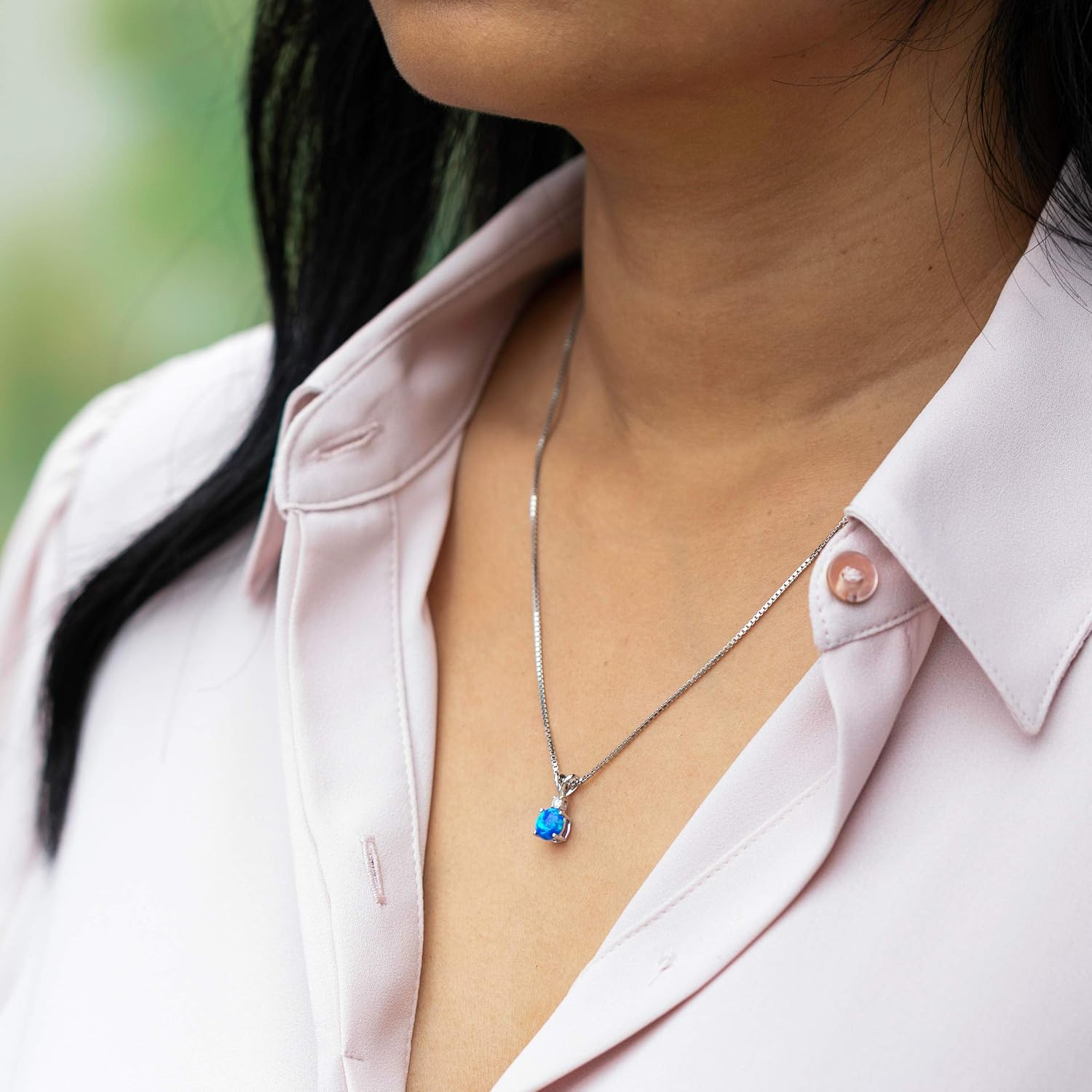 PEORA 14K White Gold Created Blue Opal with Genuine Diamond Pendant for Women, Elegant Solitaire, AAA Grade Round Shape 6.50mm, October Birthstone Necklace, Fire, w/Jewelry Box