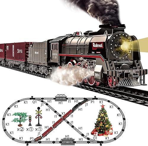 Juego de tren para niños, juguetes de tren eléctrico con sonidos de luz realistas, humo, modelo de tren de Navidad, regalos para niños y niñas,
