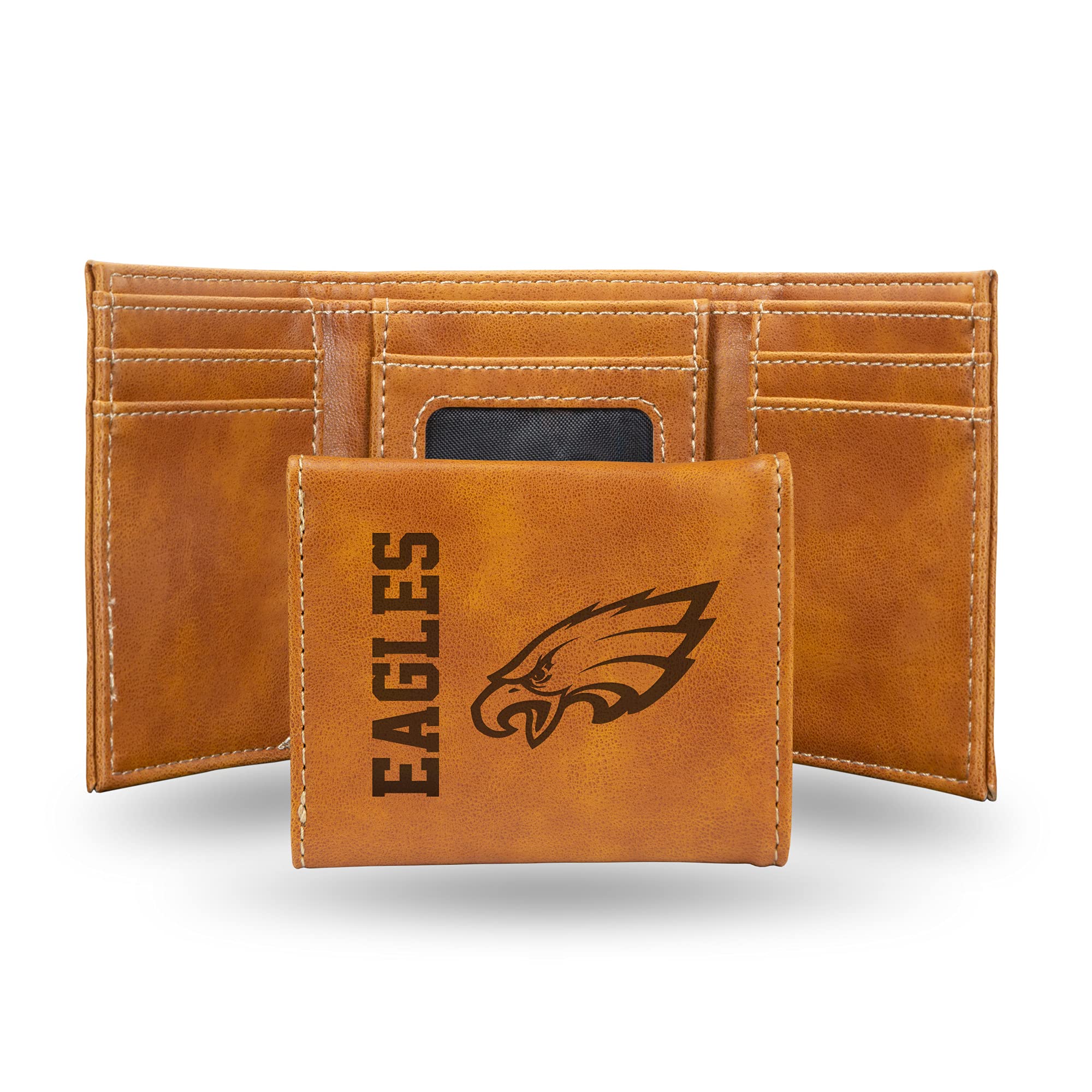 NFL Philadelphia Eagles Men's Trifold Brown Wallet- Premium Laser-Engraved NFL Team Logo on Vegan/Faux Leather- Minimalist Design Includes ID Window