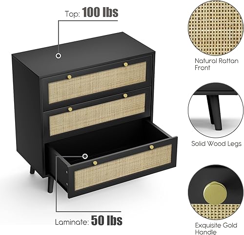 Miniatura 5 de Anmytek Cómoda negra para dormitorio con 3 cajones, cómoda moderna de madera con 3 cajones, cómoda negra con amplio almacenamiento de ratán para