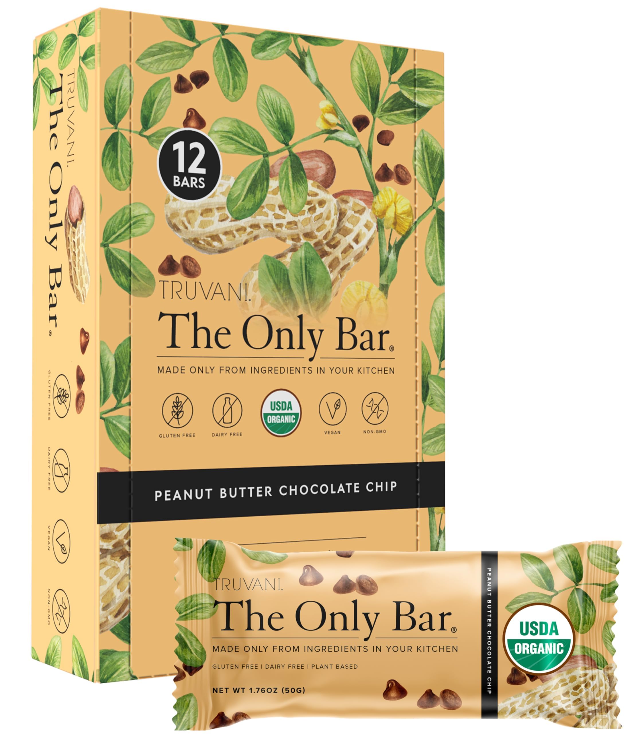 Truvani Plant Based Snack Bars | Peanut Butter Chocolate Chip 12 Pack | 8g Protein | USDA Organic and Vegan | The Only Bar | Dairy, Soy, and Gluten Free | Individually Wrapped