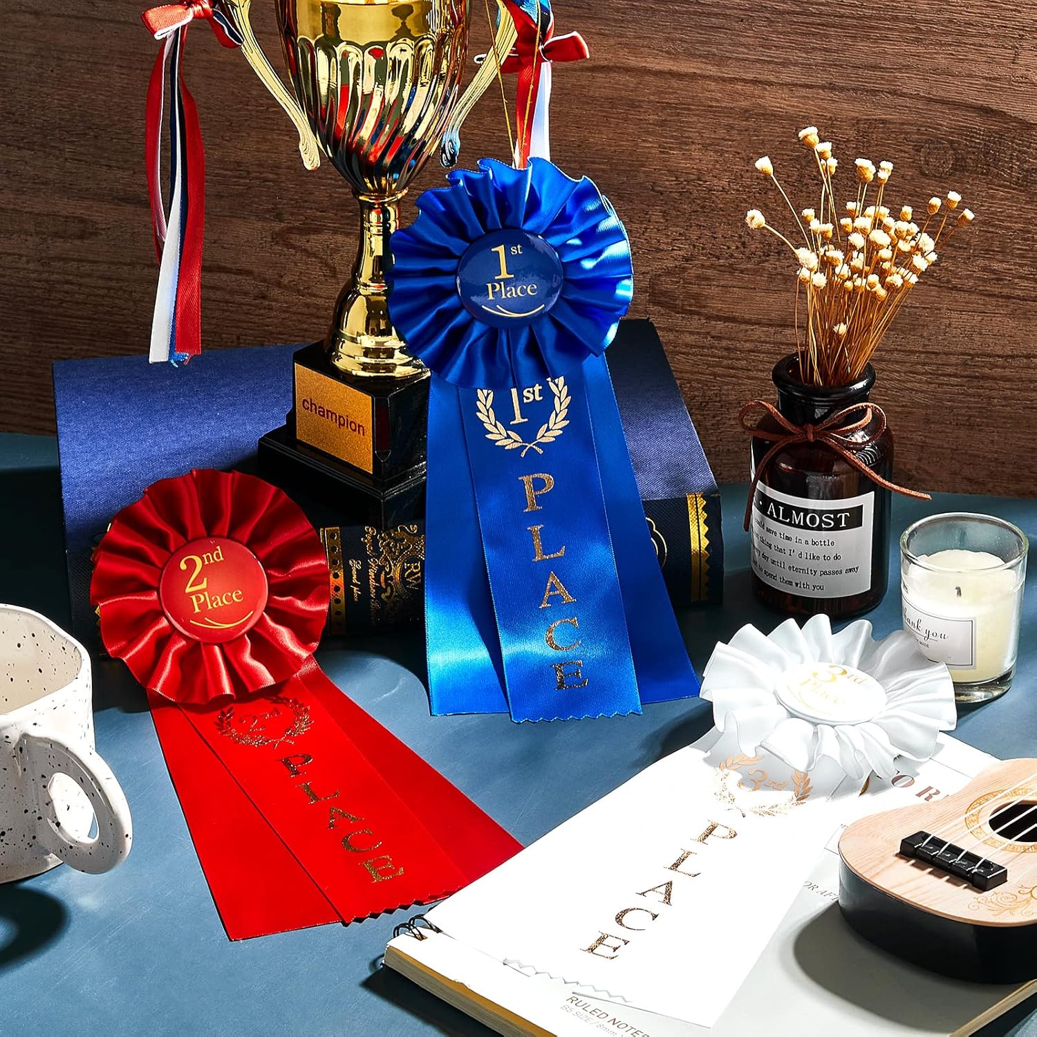 MTLEE Award Ribbons Set - 1st Place Rosette Prize Winner Ribbons (12 Pieces) - 1st Blue, 2nd Red, 3rd White