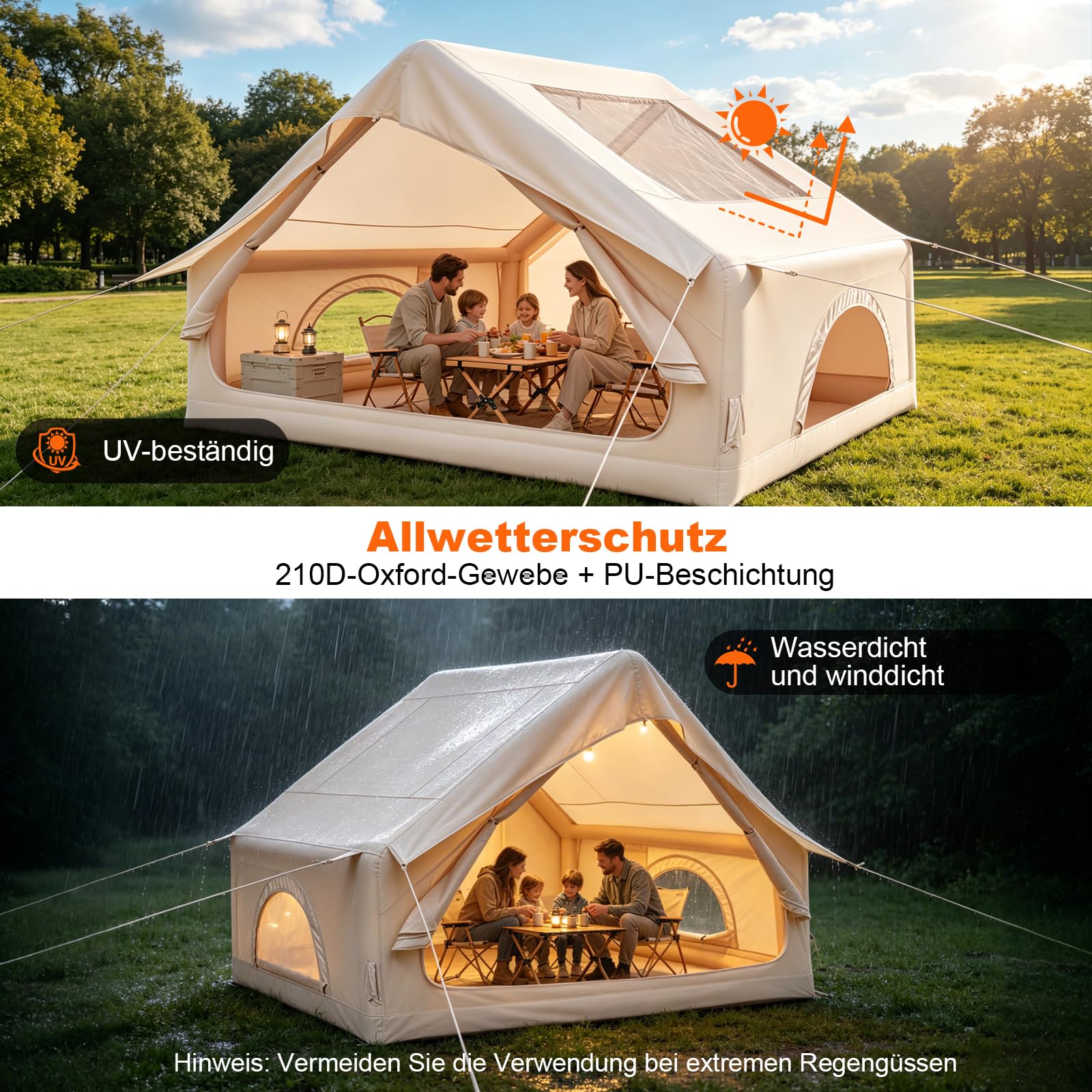 Aufblasbares Campingzelt, 300×210×200cm für 3-4 Personen, wasserdichtes 210D Oxford Gewebe, UV-Schutz, Handpumpe Heringe, Schnellaufbau in 3-5 Minuten, für Familiencamping, Outdoor Abenteuer