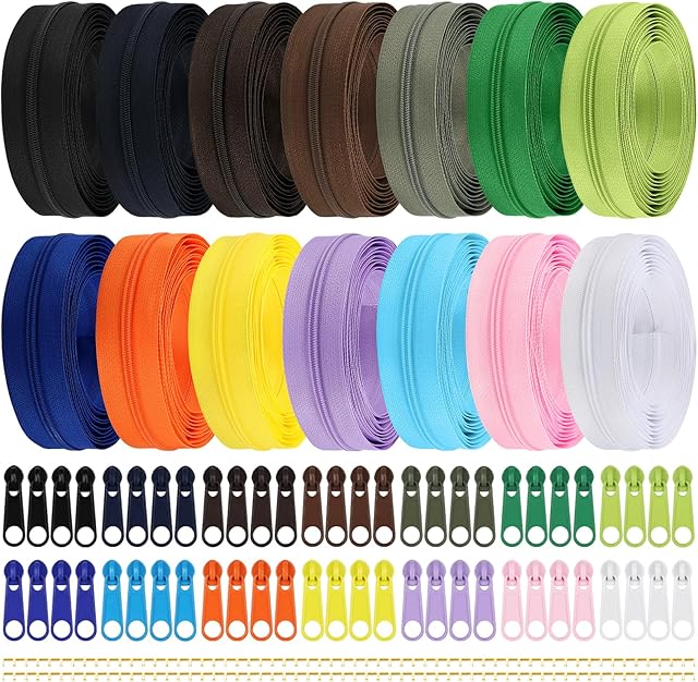 DOITEM 42.9 Yards/ 39.2 m 14 Pieces Assorted Colors #3 Nylon Coil Zippers, Sewing Zippers Endless Zips with 56 Pieces Zipper Sliders Zip Heads for DIY Sewing Tailor Craft Supplies