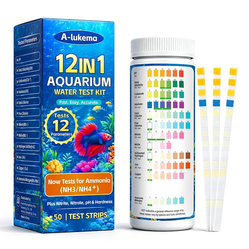 Kit de Teste de Água para Aquário 12 em 1 A-lukema para Amônia, Nitrato e pH, 50 Tiras