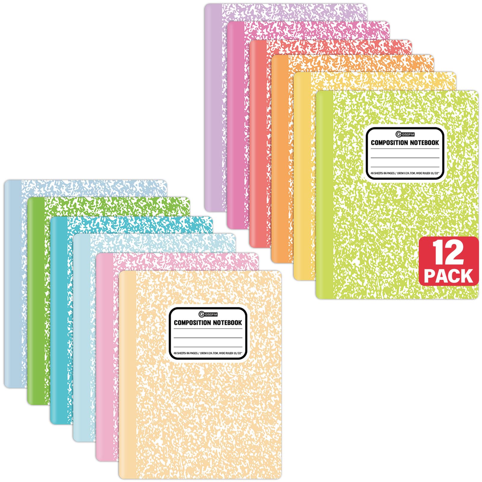 gisgfim 12 Pack Bulk Composition Notebook Wide Ruled, 12 Different Vibrant Colors, 96 Pages (48 Sheets), 9-3/4 x 7-1/2" Hard Cover Journal Notebooks for Studentsd,Classroom and Office(Pastel)
