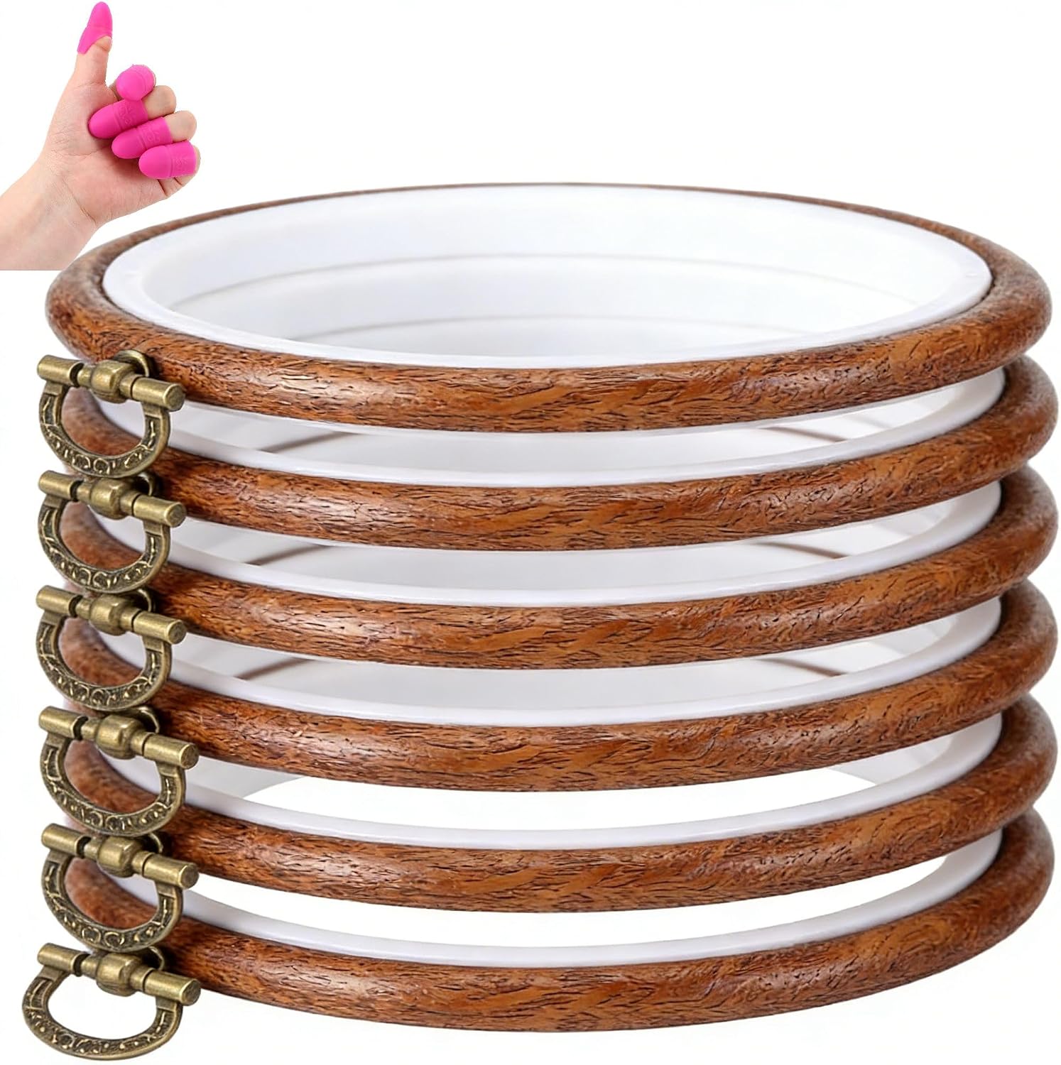 Embroidery Hoops with Silicone Thimbles, Round Cross Stitch Hoop Ring, Adjustable Rubber Frame with Wood Grain, Display Frame for Hand Sewing, DIY Art Craft, Needlework & Wall Decor (6, 9.2inch)
