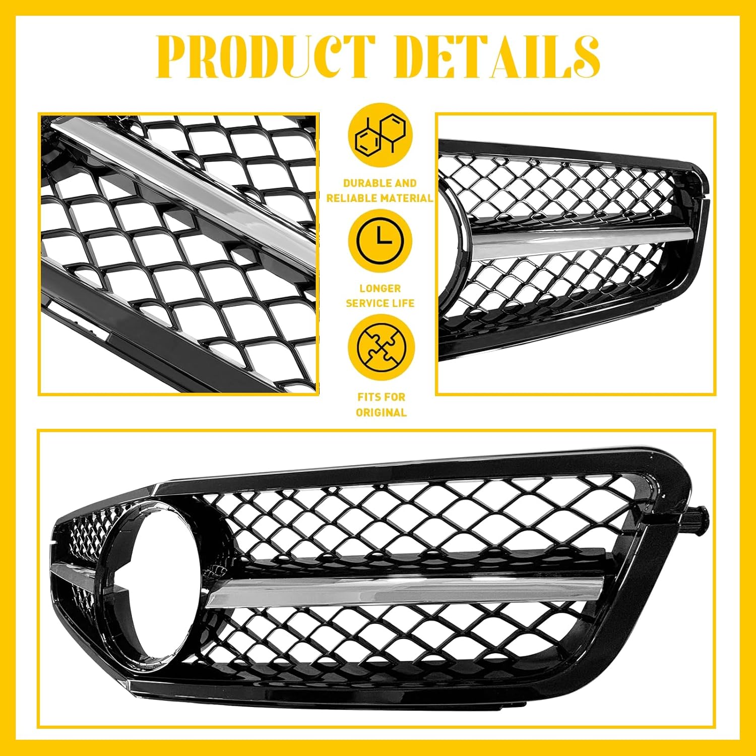 AMG Style Front Grille for Mercedes Benz W204 C Class C180 C200 C230 C250 C280 C300 C320 C350 2007-2014 Front Bumper Top Radiator Grill (8 AMG Chrome-Black)