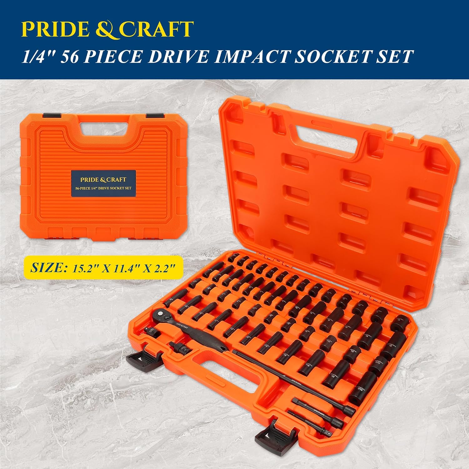 PRIDE&CRAFT 1/4" 56-Piece Impact Driver Socket Set, 6 Point, SAE (5/32 to 9/16 inch) and Metric (4-15mm) Sizes with Adapters, Extension Bars, Universal Joint, Torque Wrench, Gift for Him