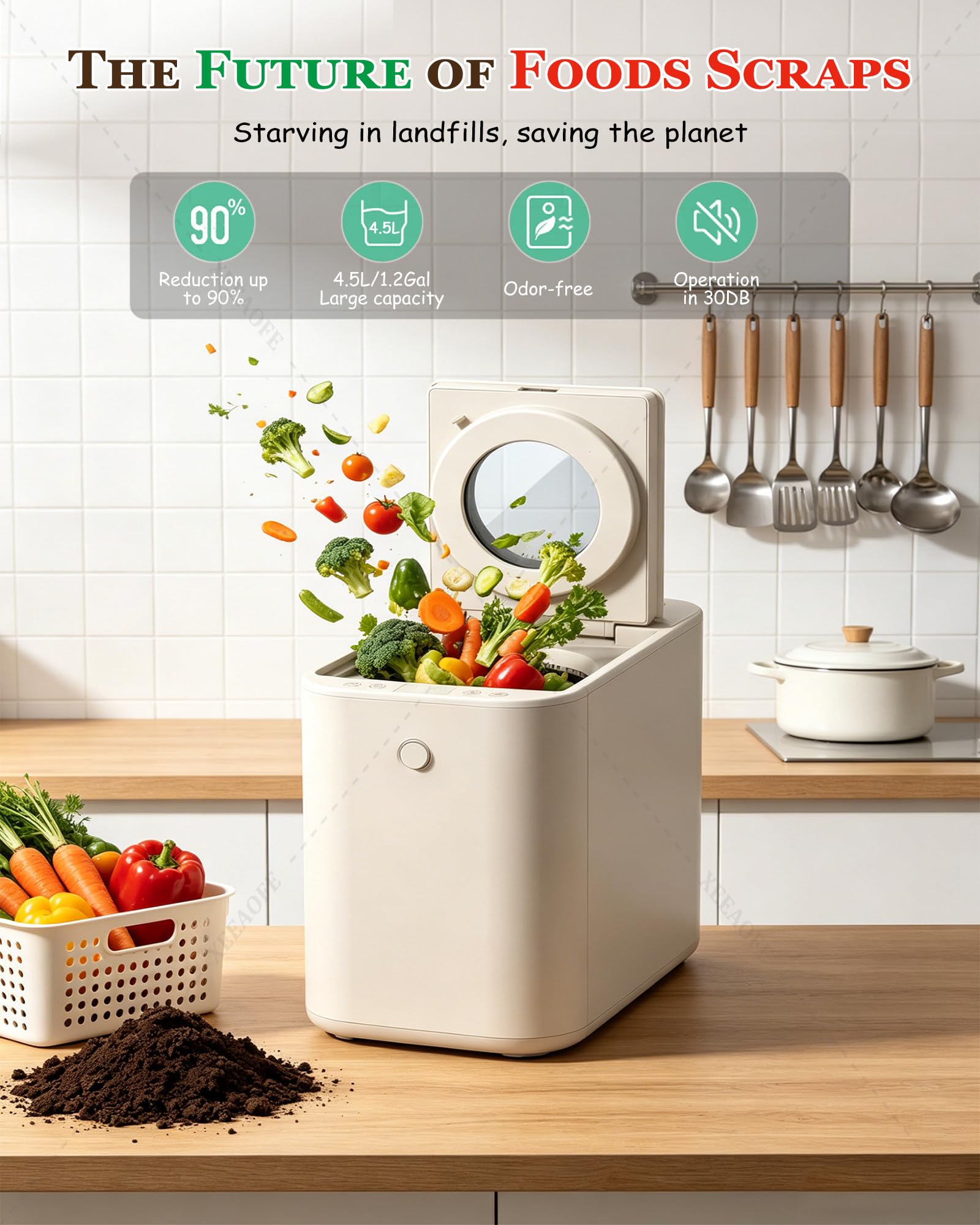 Compostador Inteligente para Residuos Alimentarios, Reciclador Eléctrico De Cocina 4,5 L Y Cubo Compostaje Encimera, Inodoro Silencioso, con Autolimpieza Pantalla Táctil