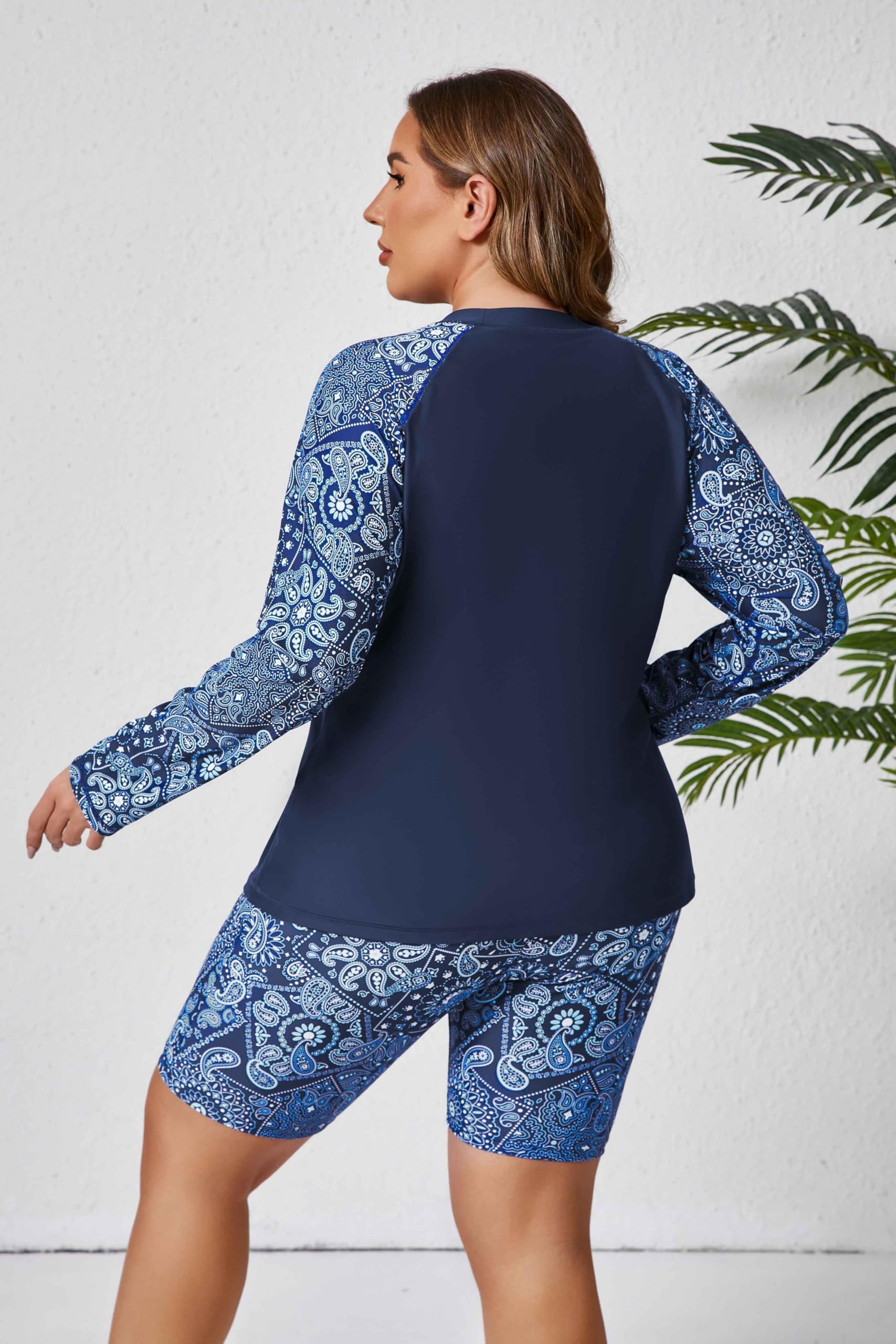 Halcurt Sujetador integrado de manga larga para mujer, talla grande, traje de baño de 2 piezas y pantalones cortos
