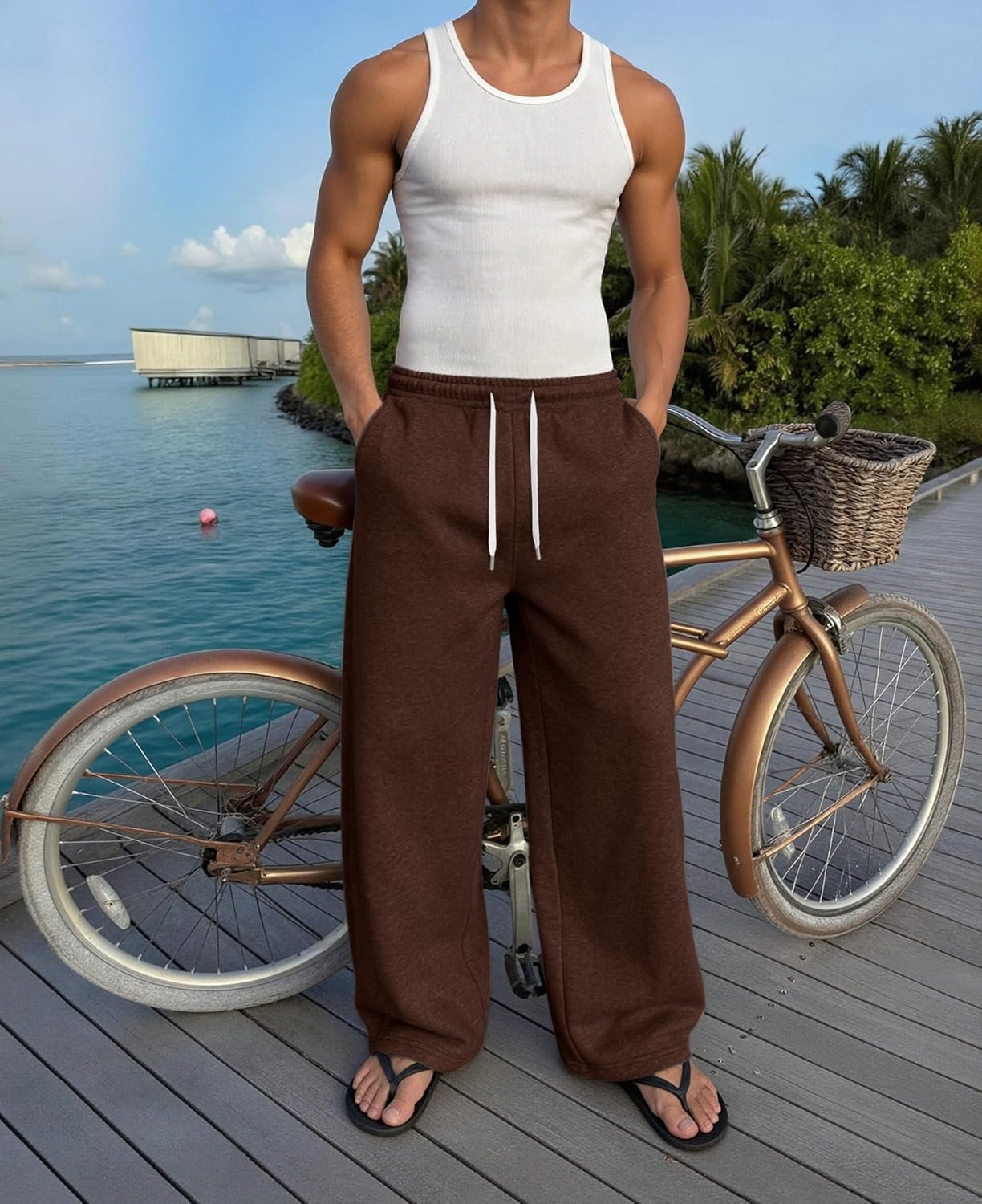 Susclude Mens Baggy Sweatpants, Wide Leg Elastic Waist Drawstring Open Bottom Cotton Lounge Loose Joggers with Deep Pockets - Image 3