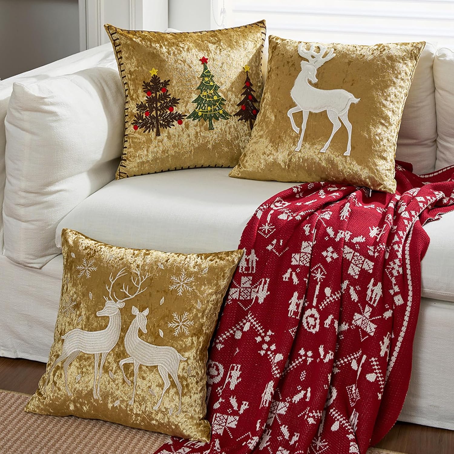HOSTECCO Winter Pillow Covers 18x18 inch Set of 2 Red Christmas Pillow Cases Embroidered Christmas Decorative Pillows for Home Décor