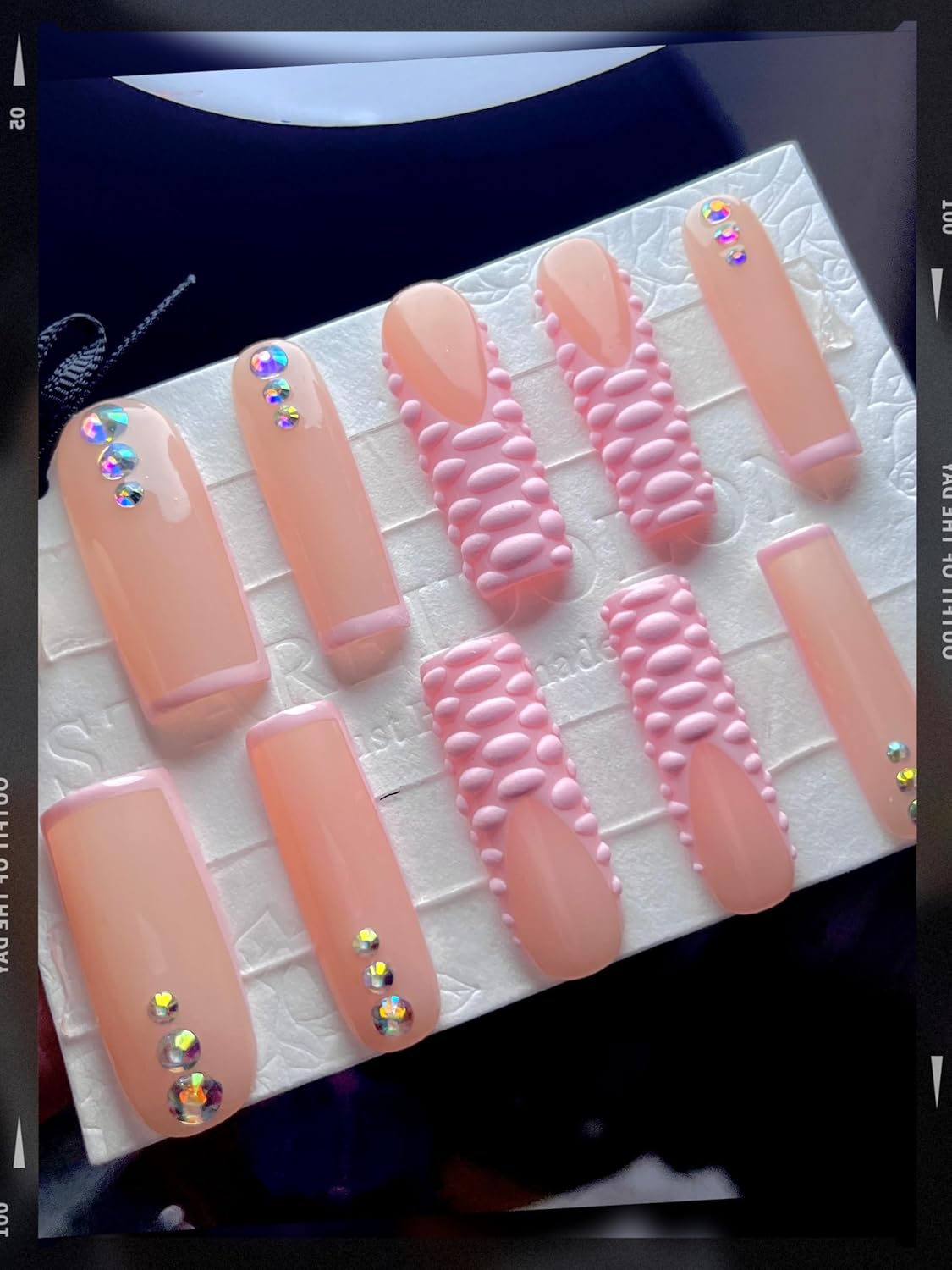 HAND-PAINTED White False Nails Set Coffin Press on Nails Pressons Kit Medium Length Stick on Nails Shoot Nail Art Short Nails with Nail Glue on Nails Square, Long Almond Nail (K27, Large)