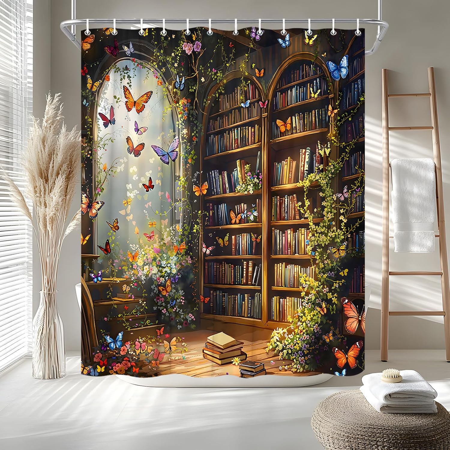 Fantasy Library Butterfly Shower Curtain Greenhouse Plant Flower Magical Bookshelf Fairytale Wonderland Watercolor Landscape Bath Curtain Fabric Bathroom Accessories Decor with Hooks 90W x70L